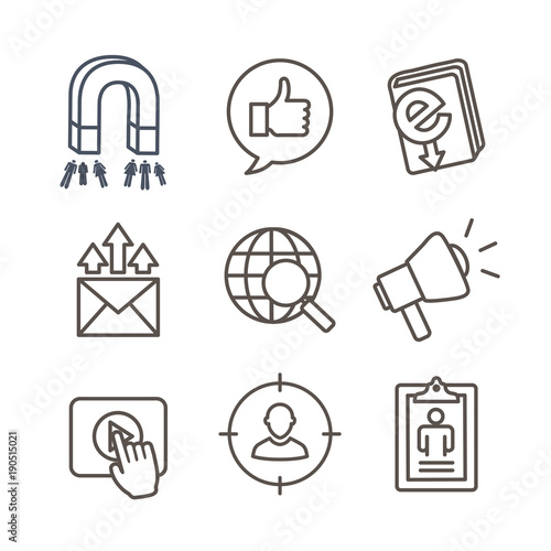 Inbound marketing icon set w magnet, social, email, and promotion