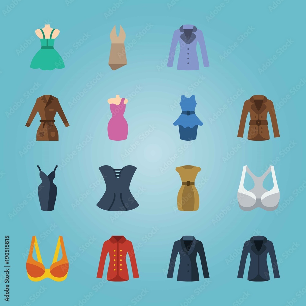 Icon set about Woman Clothes. with corset, bra and dress Icon set about Woman Clothes. with corset, bra and dress