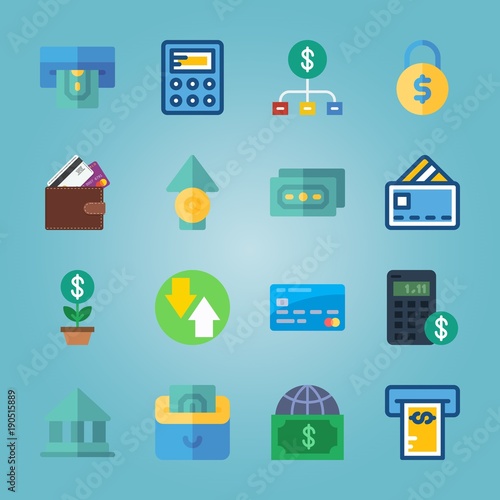 icon set about Currency with card, consrtuction, calculator, currency and diagram