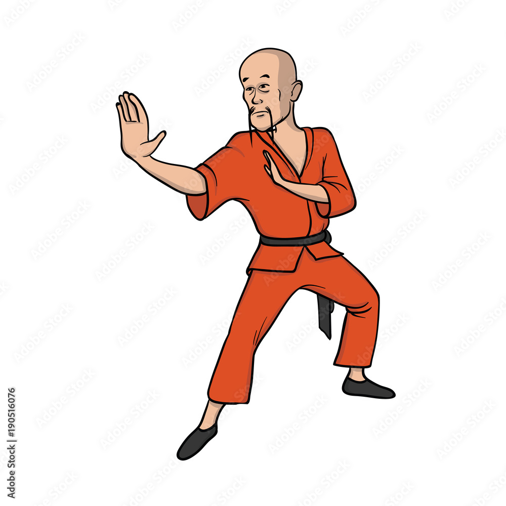 Shaolin monk practicing kung fu or wushu. Martial art. Vector illustration, isolated on white background. Shaolin monk practicing kung fu or wushu. Martial art. Vector illustration, isolated on white background.