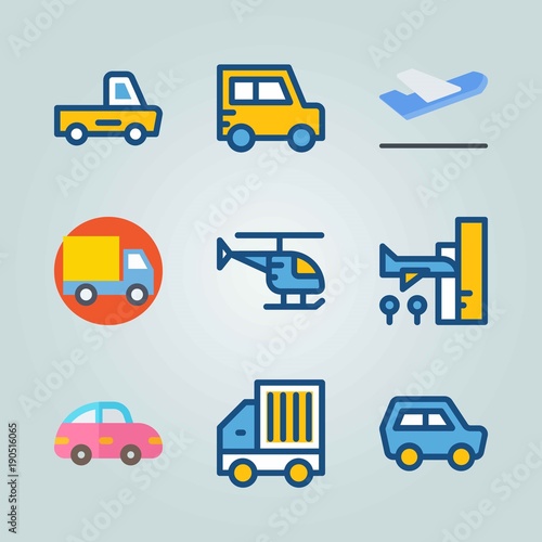 Icon set about Transport. with mini car, helicopter and arrival