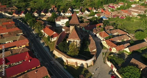 Aerial view of the fortified church in Axente Sever, Transylvania, Romania photo
