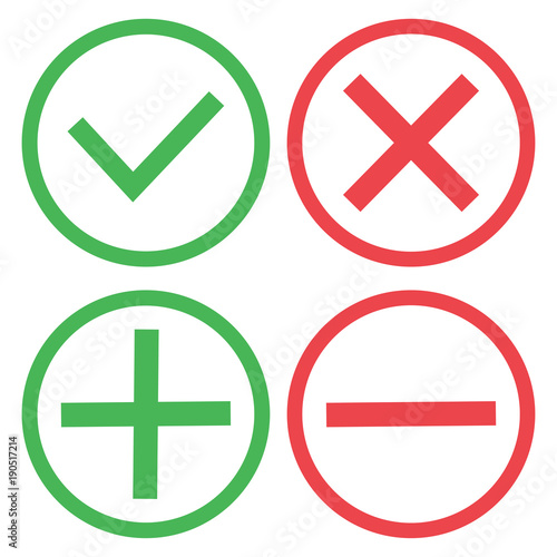 Green and red buttons. Green check mark and red cross. Green plus and red minus. Vector illustration