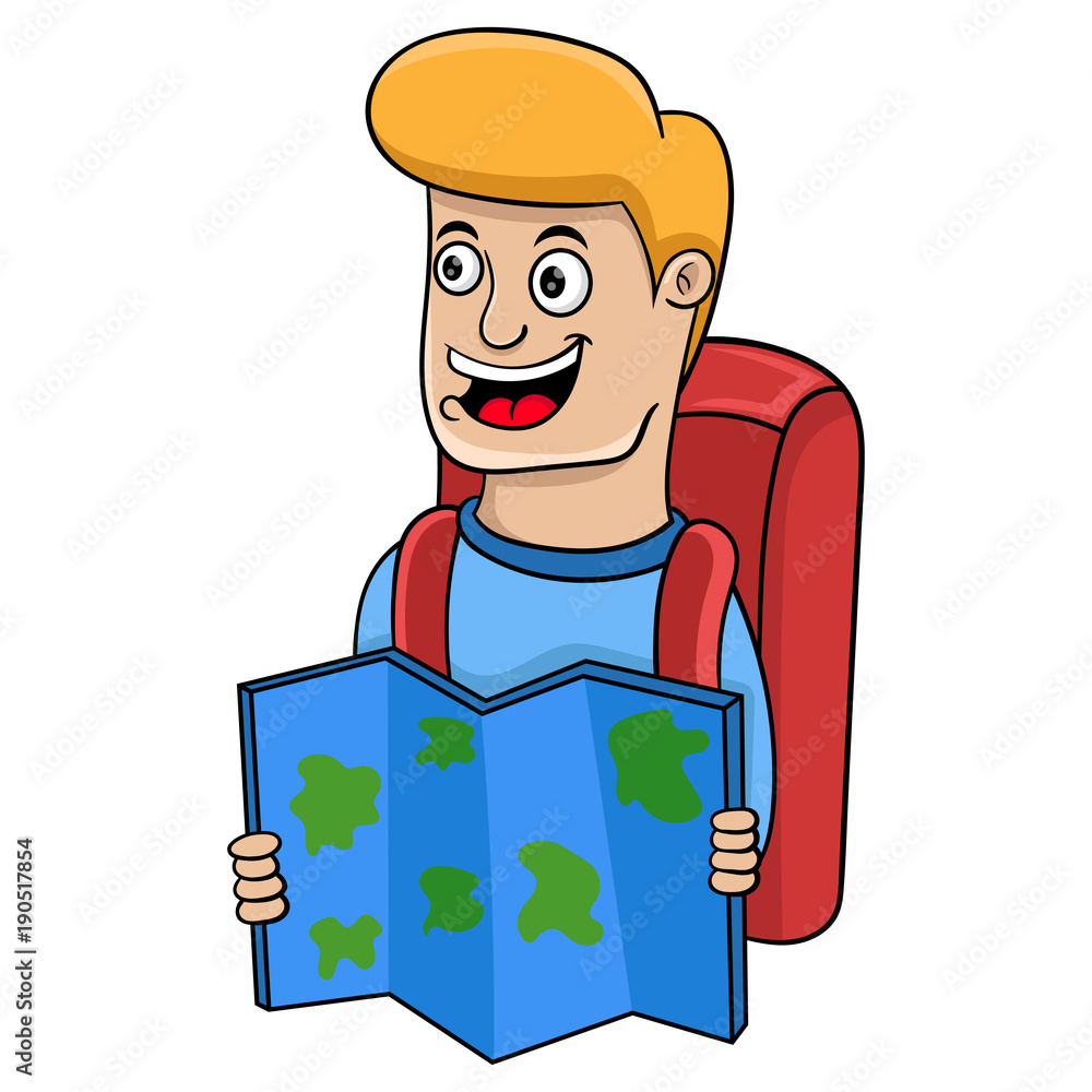 young man traveler with backpack looking to the map, vector illustration