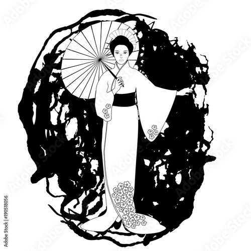 Japanese. Black and white sample. Vector illustration. Page for coloring book