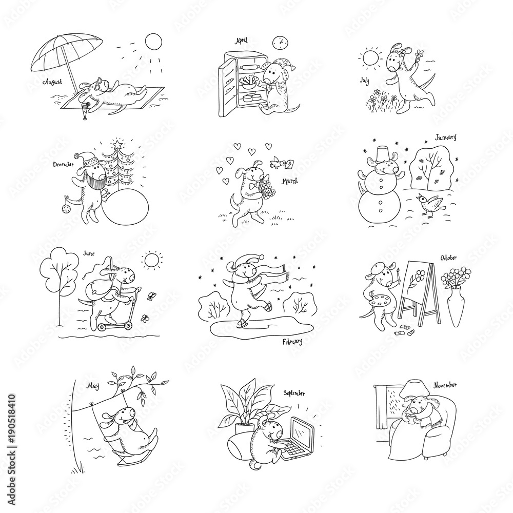 Vector set sketch various funny stories from life cartoon puppy. Different seasons and situations. Character dog on vacation summer, winter, spring and autumn. Illustration for design calendar, card.