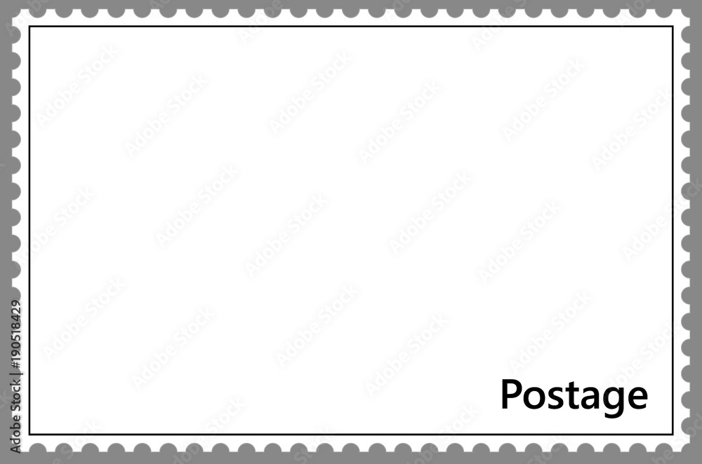 Template of postage stamp with frame simple perforation. Vector illustration. Can be used for poster, banner, cover, postcard, design, labels, stickers.