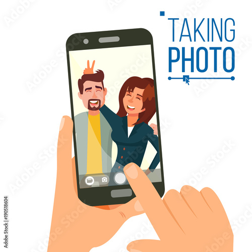 Taking Photo On Smartphone Vector. Smiling Friends Taking Selfie. People Posing. Hand Holding Smartphone. Friendship Concept. Isolated Flat Cartoon Illustration