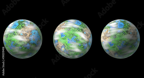 Fototapeta Naklejka Na Ścianę i Meble -  Three planets isolated on black, 3D fantasy illustration