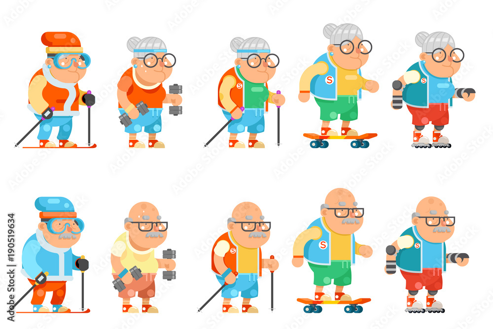 Fitness Granny Grandfather Adult Healthy Activities Old Age Man Woman Characters Set Cartoon Flat Design Vector illustration Fitness Granny Grandfather Adult Healthy Activities Old Age Man Woman Characters Set Cartoon Flat Design Vector illustration