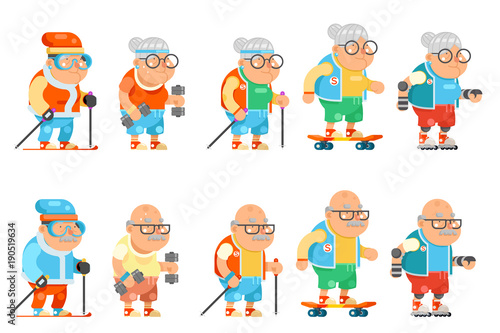 Fitness Granny Grandfather Adult Healthy Activities Old Age Man Woman Characters Set Cartoon Flat Design Vector illustration
