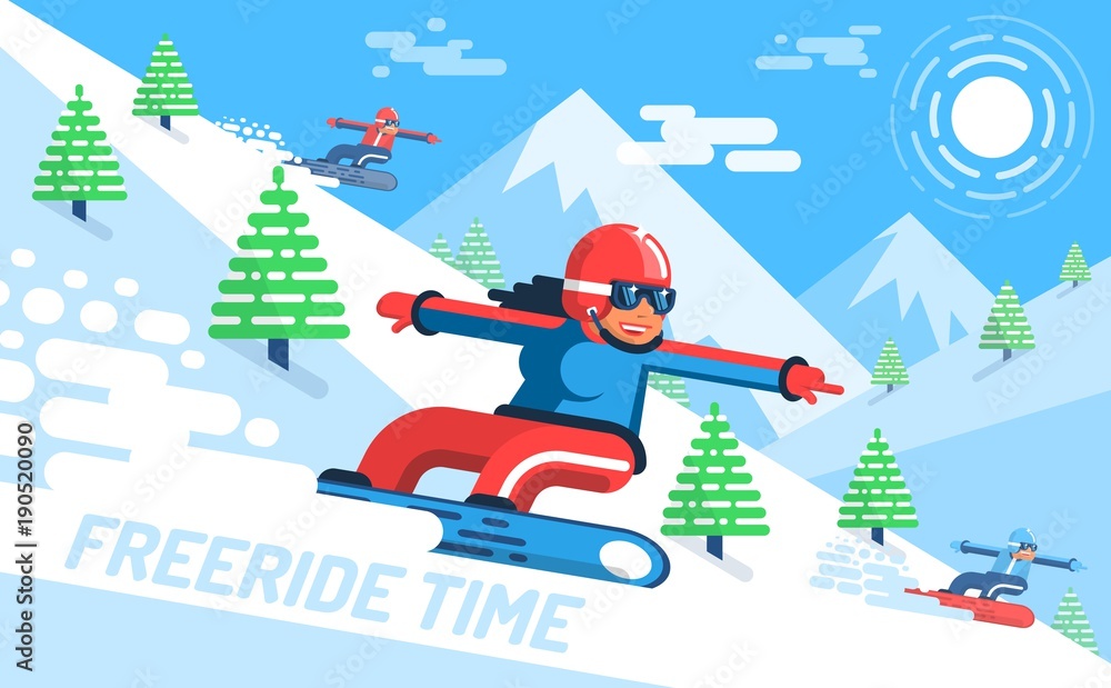 Girl snowboarder rushes down on slope among the firs - freeride. In the background, mountains. Vector illustration flat style. Girl snowboarder rushes down on slope among the firs - freeride. In the background, mountains. Vector illustration flat style.