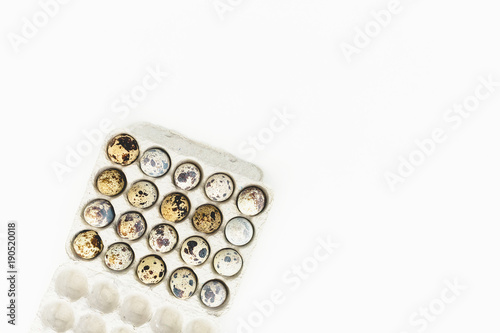 Quail eggs in box on white background. Flat lay, top view. Easter concept.