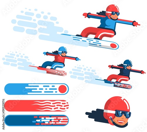 Girl snowboarder in motion - options in different outfits with drawings on the boards.