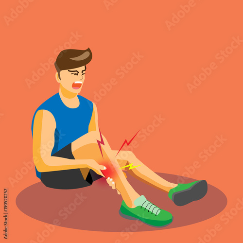 Runner with injured calf crying with painful, cartoon flat-style vector illustration.