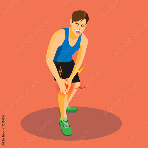 Runner with injured knee crying with painful, cartoon flat-style vector illustration.