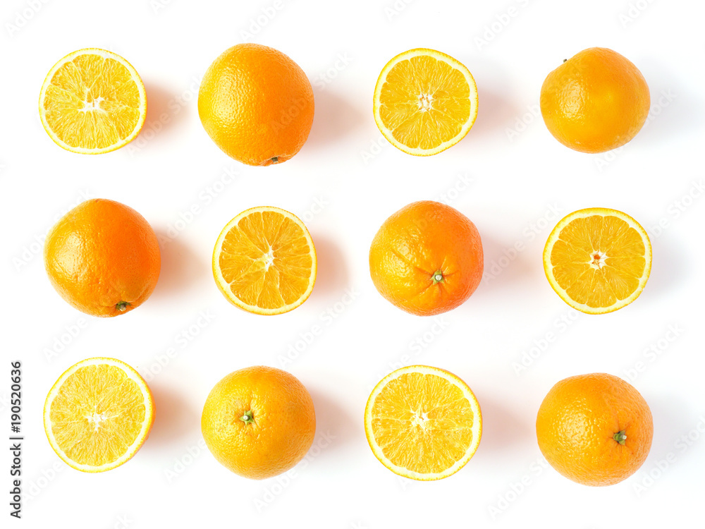 Creative flat layout of fruit, top view. Sliced orange isolated on white background. Food wallpaper, composition pattern of fresh citrus fruits. Creative flat layout of fruit, top view. Sliced orange isolated on white background. Food wallpaper, composition pattern of fresh citrus fruits.