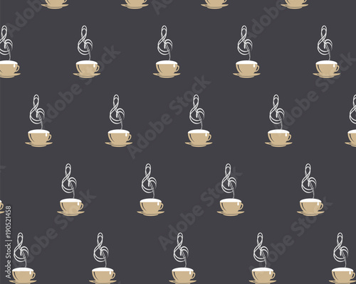 Seamless pattern with coffee cappuccino cup with steming music treble clef and white drop on black coffee stile background. Vector EPS10