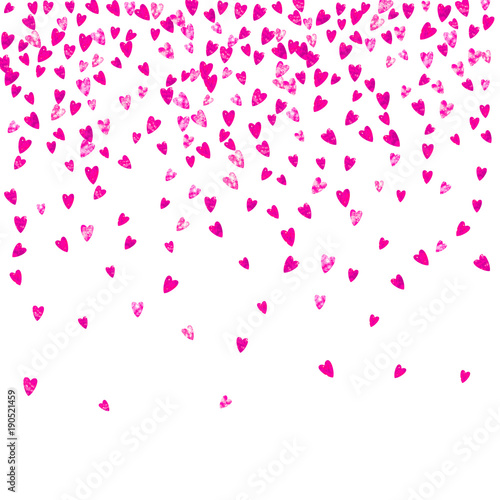 Valentines day card with pink glitter hearts. February 14th. Vector confetti for valentines day card template. Grunge hand drawn texture. Love theme for poster, gift certificate, banner.