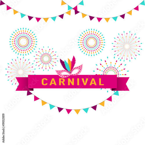 Carnival poster, banner with colorful party elements - fireworks, confetti, stars and splashes. Festival concept design.