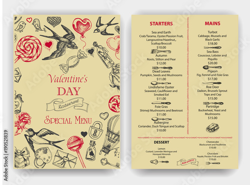 Vector illustration sketch hand drawn elements. Romantic, love, hearts, sweets, flowers, gifts. Card Valentine's day. Vintage Menu.