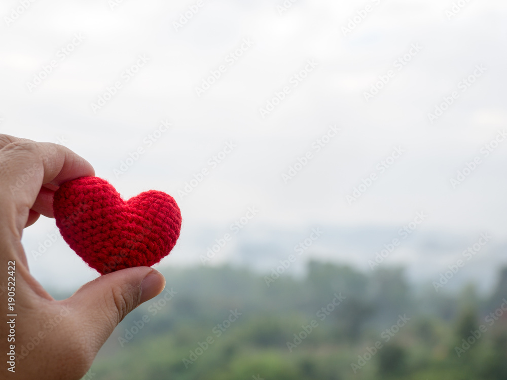 The hand holds the red heart.Forest, green trees and misty mountains. background copy space for text. Valentines day, love concept and love background The hand holds the red heart.Forest, green trees and misty mountains. background copy space for text. Valentines day, love concept and love background