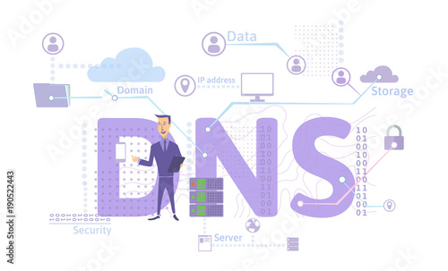 DNS concept, Domain Name System. Decentralized naming system for computers, devices, services, or other resources. Vector illustration in flat style, isolated on white background. photo