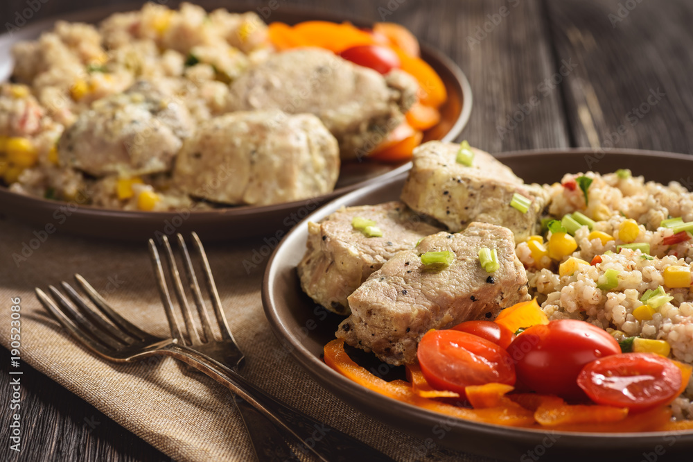 Pearl barley porridge with vegetables and pork tenderloin. Pearl barley porridge with vegetables and pork tenderloin.