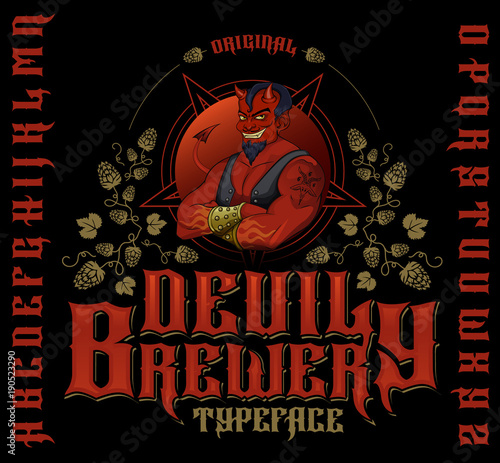 Retro font set with hops ornament, devil and pentagram for making label design.