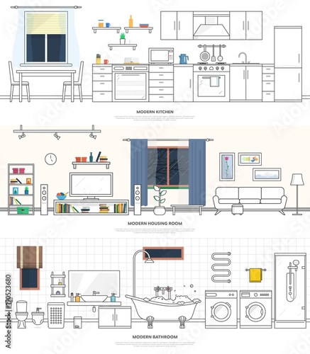 Modern interiors of the kitchen, living room and bathroom. Furniture and accessories. Vector illustration in a linear style.
