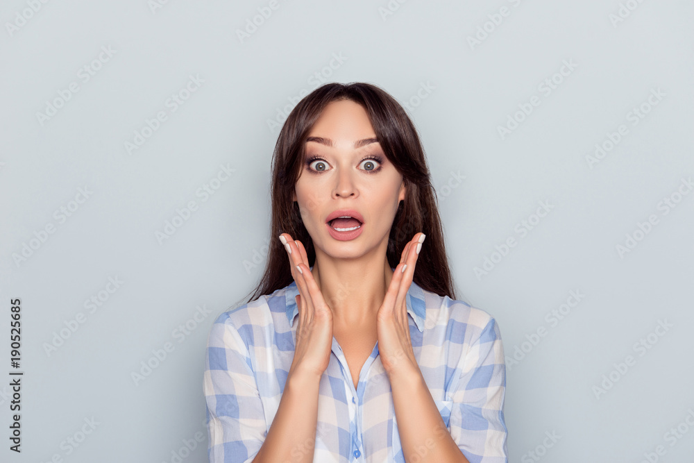 Portrait of pretty, surprised woman with wide opened mouth and eyes in checkered shirt holding hands near face isolated on gray background Portrait of pretty, surprised woman with wide opened mouth and eyes in checkered shirt holding hands near face isolated on gray background