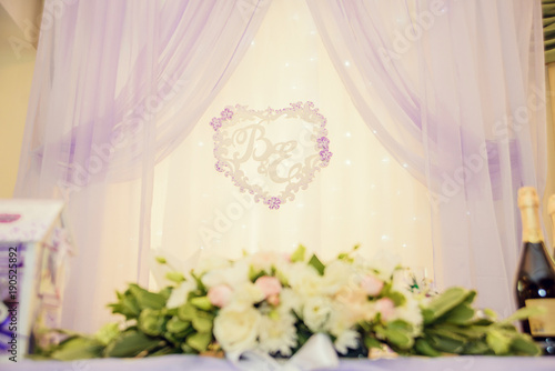 wedding decor, table for the newlyweds at a Banquet in purple color photo