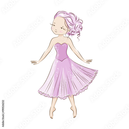 Beautiful ballerina in classical tutu. Graceful little dancer. The girl dances barefoot. She's in light, beautiful pink dress. Hand drawing illustration isolated on white background.