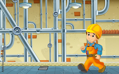 cartoon scene with repairman in the basement working - illustration for children