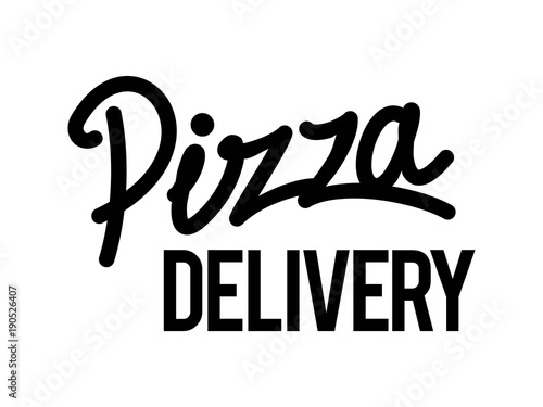 Pizza devivery black and white sign or logo template. Isolated on white background handwritten pizza word for logo or tagline.