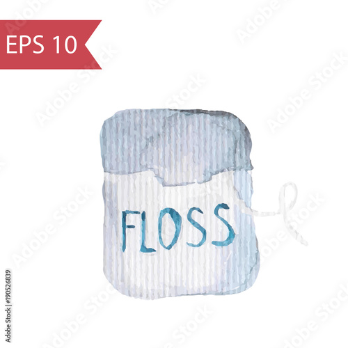 Simple watercolor drawing of dental floss. Vector illustration of blue dental floss container  isolated on white background.