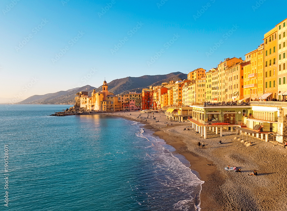 Beautiful Small Mediterranean Town with the beach in the winter season It is beautiful at sunrise Or sunset time - Camogli, Genoa Italy, European travel.