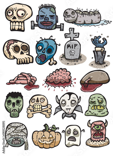 High-Quality Set of Creepy Halloween / Freakshow / Zombie Related Stickers. Hand Drawn Doodles. Fully Colored, Vector, Grouped, Ready to use!