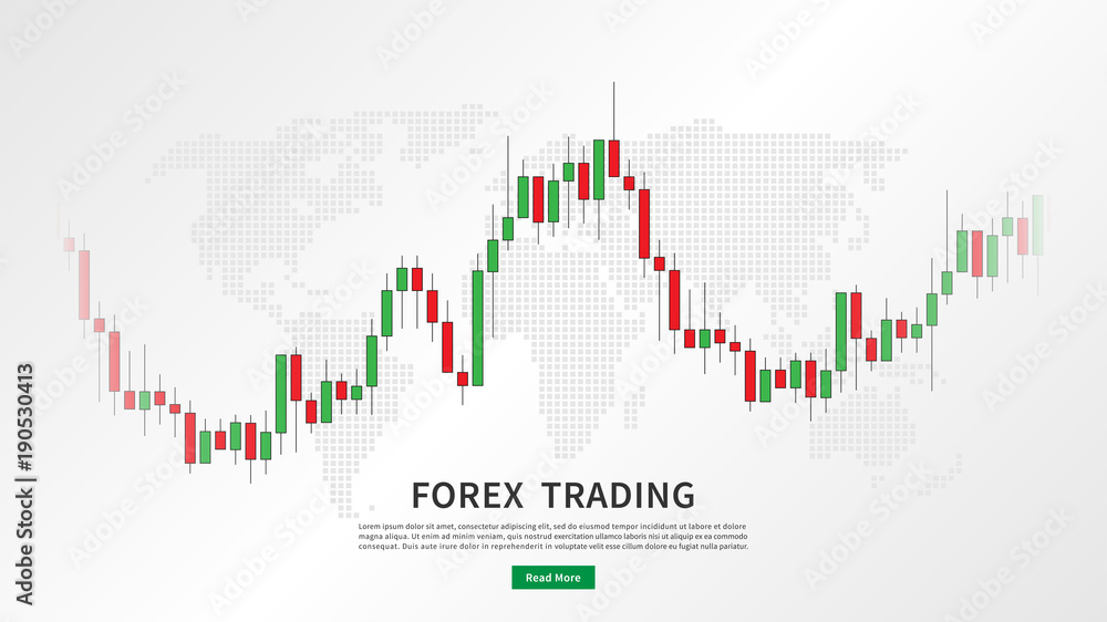 Stock market candlestick chart with world map vector illustration. Green and red japanese candle bars graph with sample text graphic design.