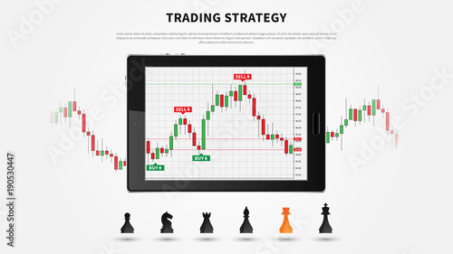 Forex trading chart on tablet vector illustration. Tablet screen with digital candlestick graph of stock market. Forex (currency exchange market) trading candlestick chart graphic design.