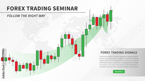 Forex trading seminar with candlestick chart vector illustration. Financial market candlestick graph with green arrow graphic design. Financial education for stockbrokers creative concept.