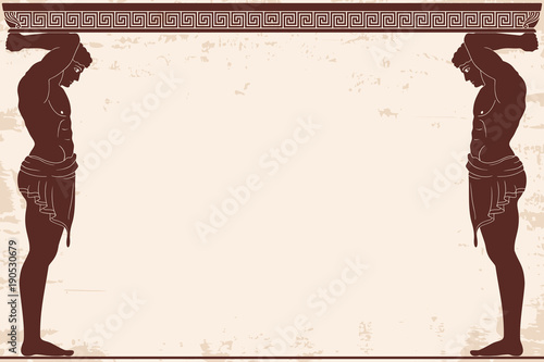 Ancient Greek background with two Atlant and a national ornament. Old beige papyrus with the aging effect.