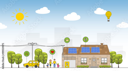 Solar battery system colorful vector illustration. Eco power source line art concept. House, family, car and solar electricity system graphic design