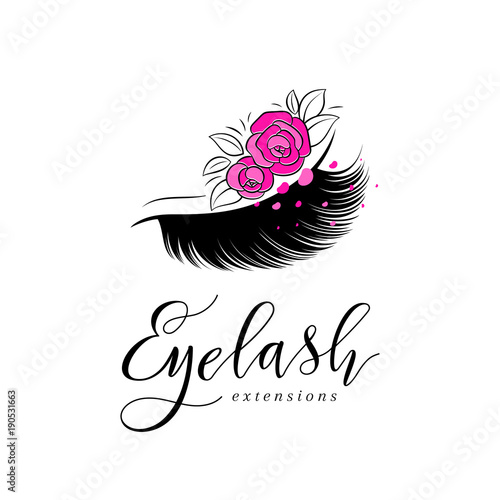Eyelash extension logo. Makeup with pink roses. Vector illustration in a modern style