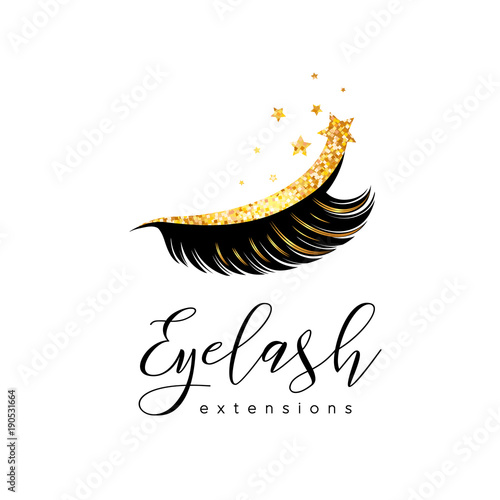 Eyelash extension logo. Makeup with gold glitter. Vector illustration in a modern style