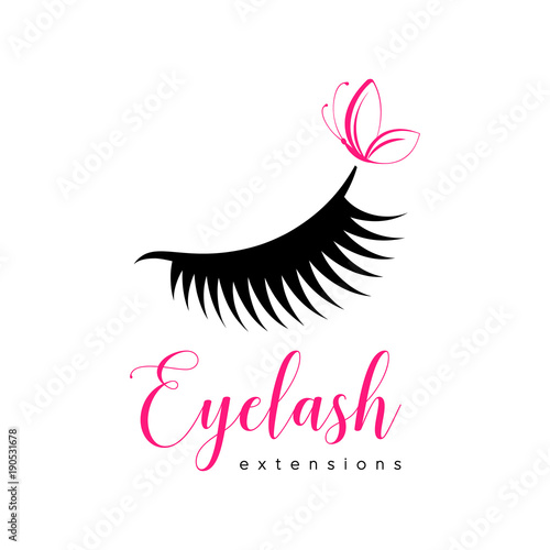 Eyelash extension logo. Makeup with pink butterfly. Vector illustration in a modern style