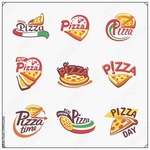 Set of pizza labels, badges, icons and design elements. Emblems for pizzeria.