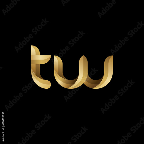 Initial lowercase letter tw, swirl curve rounded logo, elegant golden color on black background