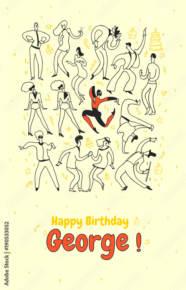 Creative personal greeting card for friends birthday. Party dance people.