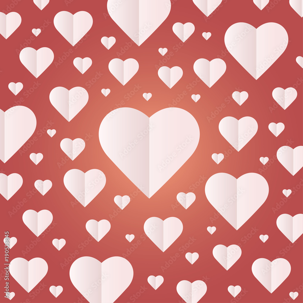 Background by many hearts vector icon, White heart on the red background, Paper cut of heart shape, Logo of valentine day and love symbol.